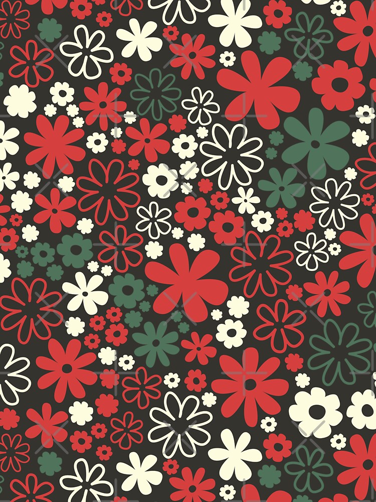 Classic Retro Vintage 50s Dark Christmas Flower Pattern Black Green Cream Red by blomastudios