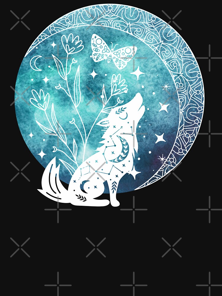 Cute Celestial Wolf Moon, Stars and butterfly Boho Vibes by Sarah Wainwright