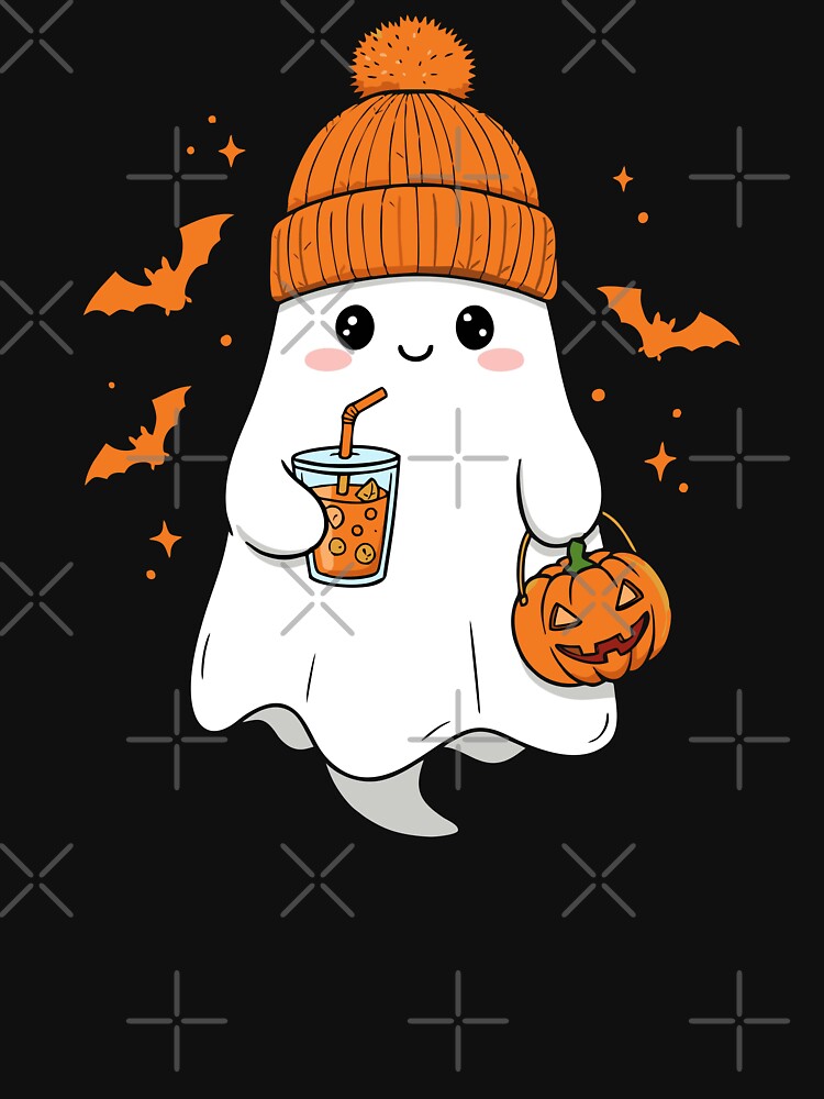Coffee Ghost In Orange Beanie Drinking Pumpkin Spice Latte Cute Halloween Boo by alenaz
