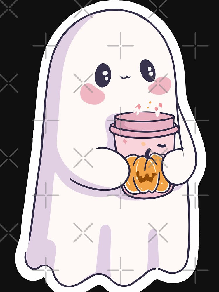Kawaii Ghost with Pumpkin Latte – Cute Halloween Coffee Lover Sticker by Moss and Moon Studio