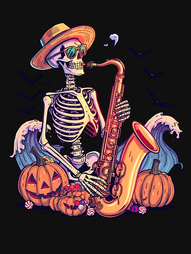 Summer Skeleton Sax Player | Funny Halloween Beach Music Artwork by ColorSplash123