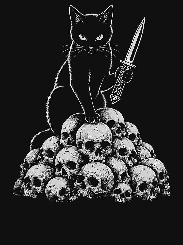 black Cat with Knife and Skulls Spooky Halloween Costume by Kladhadredo