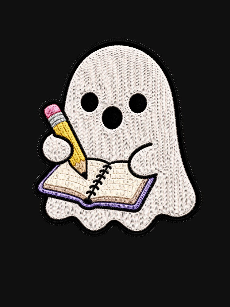 Cute Ghost Writing Notebook Kawaii Embroidery Patch Design by ColorSplash123