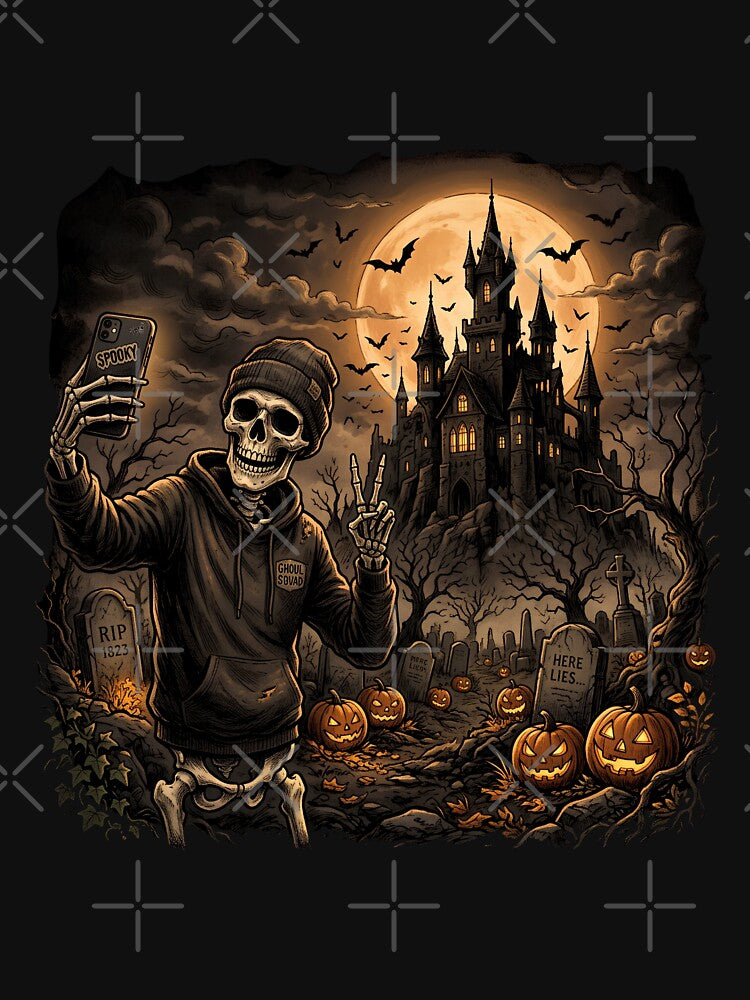 Skeleton Selfie in Haunted Graveyard – Gothic Halloween Horror by w66aboo