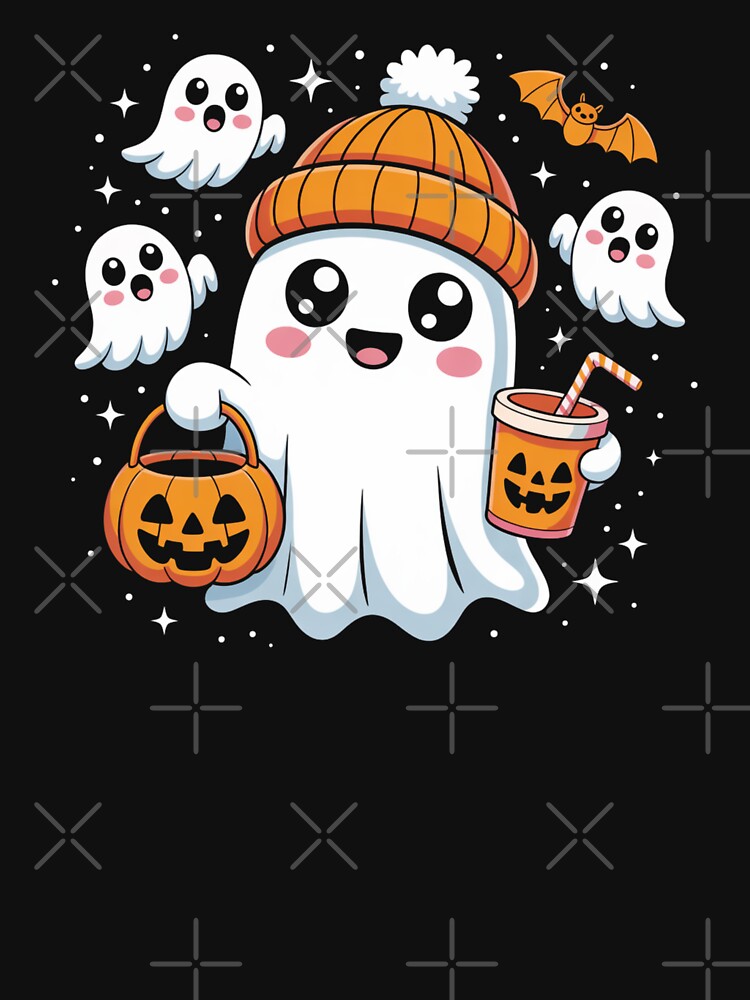 Cute Kawaii Ghost with Pumpkin and Coffee Funny Halloween Design by CharismaSklep