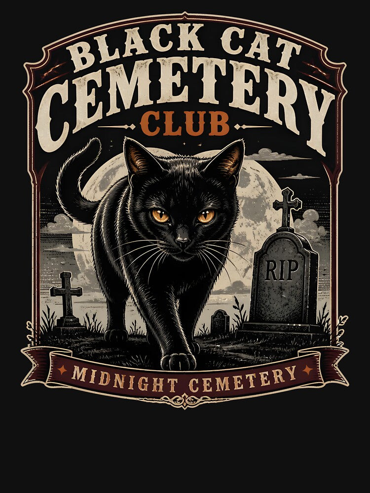 BLACK CAT CEMETERY CLUB Midnight Cemetery Halloween Vintage Screen Print by BernoNickel
