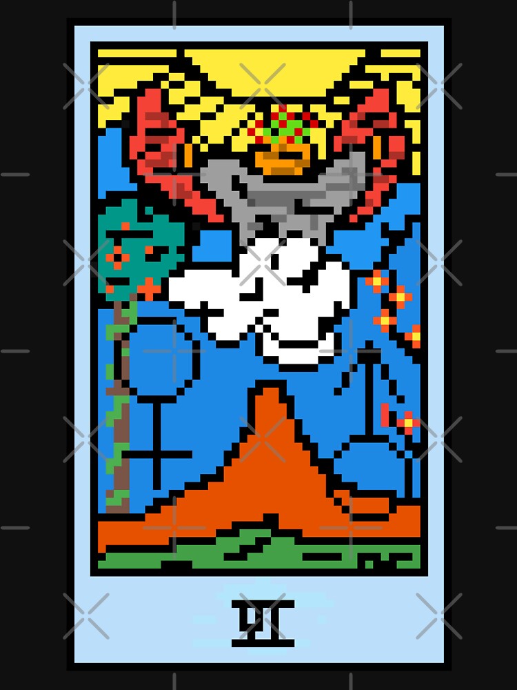 Wait, is this pixel art tarot? Black - Major Arcana 'The Lovers' (Design for T-shirt, stickers and other accessories) by Pixel Waite
