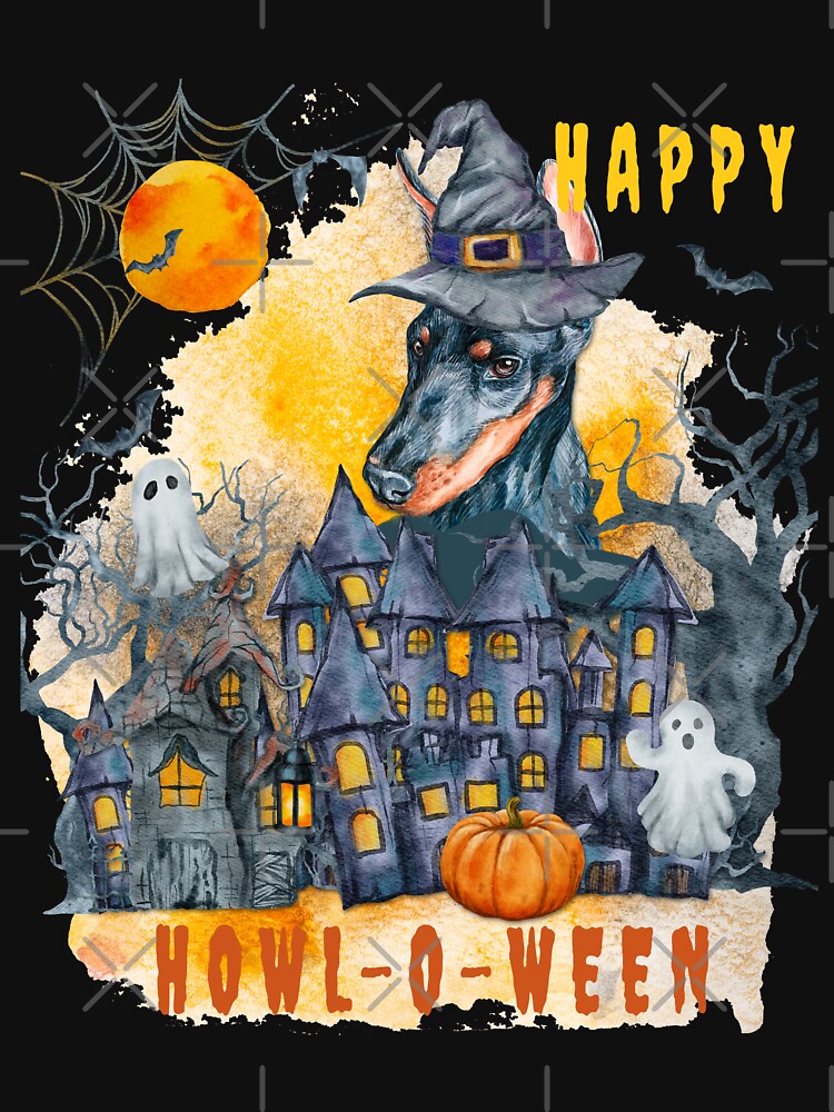 Doberman Happy Howl-o-ween Ghost Houses Funny Watercolor by Cuddlythopia