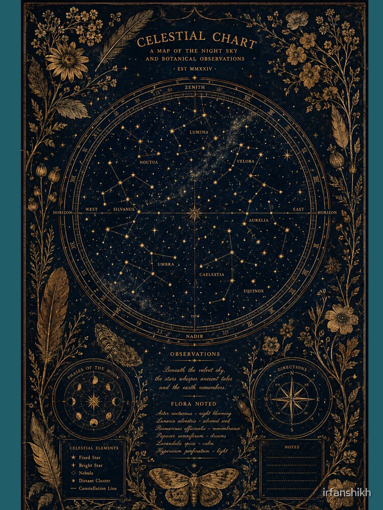 Dark Academia Vintage Celestial Map – Botanical Star Chart Astronomical Art | Dark Academia Wall Art by irfanshikh