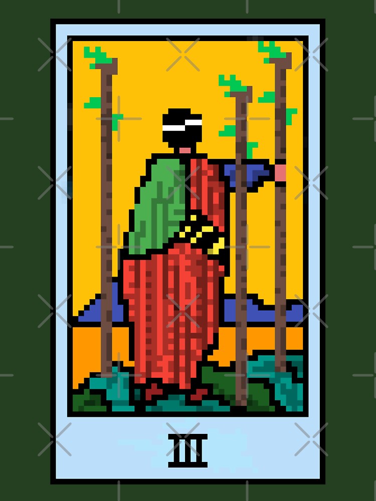 Wait, is this pixel art tarot? Green - Minor Arcana 'Three of Wands' (Design for T-shirt, stickers and other accessories) by Pixel Waite