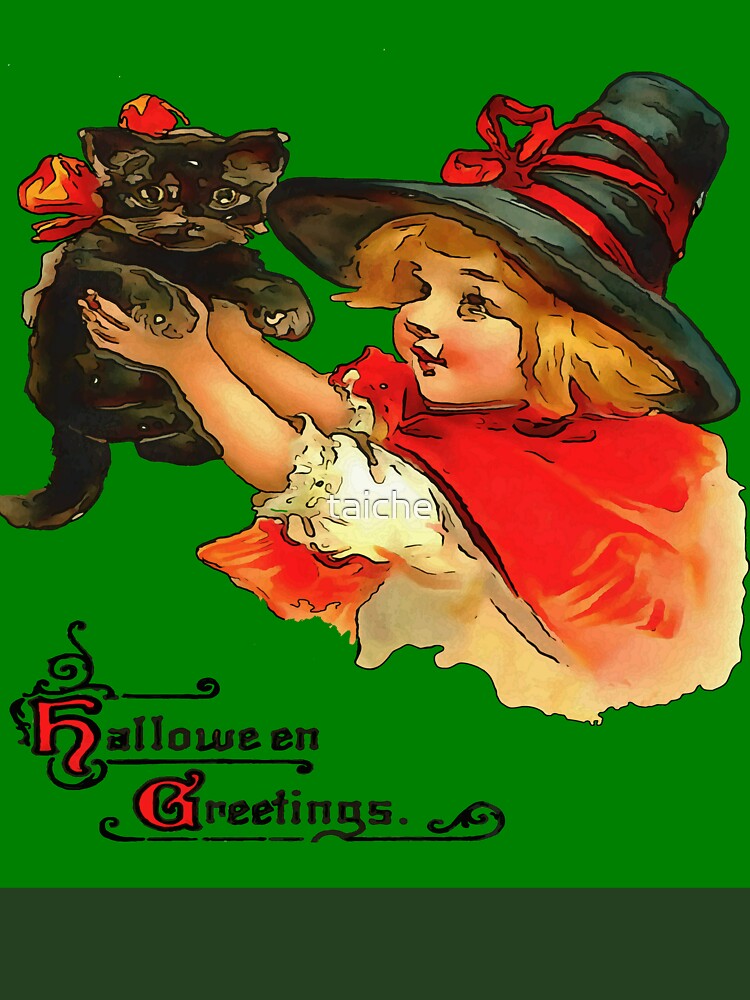Girl With Black Cat Vintage Halloween Greetings On Green by taiche
