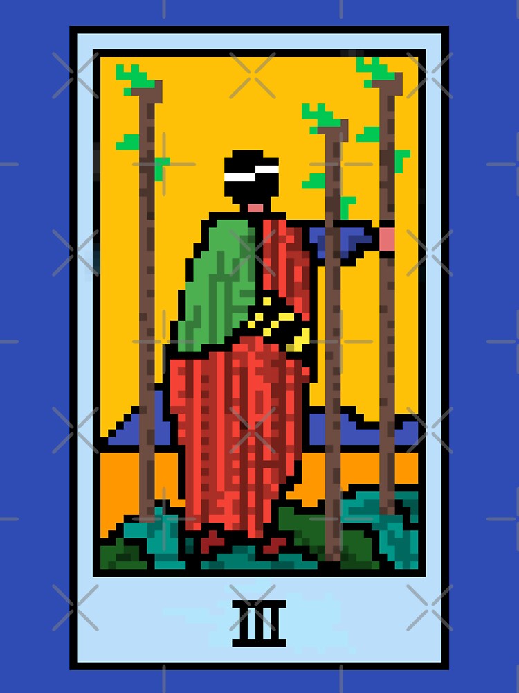 Wait, is this pixel art tarot? Blue - Minor Arcana 'Three of Wands' (Design for T-shirt, stickers and other accessories) by Pixel Waite