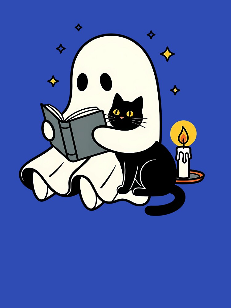 Cozy Ghost Reading with Black Cat Spooky Season by VinsendDraconi