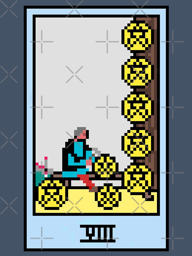 Wait, is this pixel art tarot? Blue - Minor Arcana 'Eight  of Pentacles' (Design for T-shirt, stickers and other accessories) by Pixel Waite