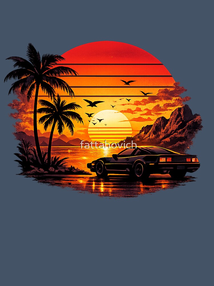 Retro Sunset Synthwave Vintage Sports Car | 80s Aesthetic Palm Trees Tropical Beach by fattahovich