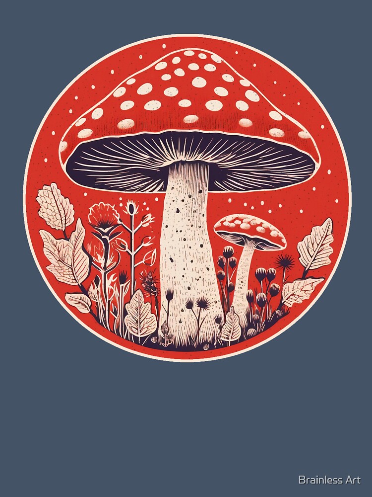 Retro Amanita Muscaria Red Mushroom with Wildflowers by Brainless Art