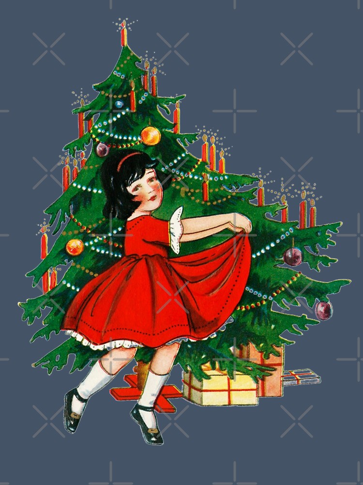 Little girl dancing next to a Christmas tree with gift boxes underneath. Antique Vintage by IMPHives