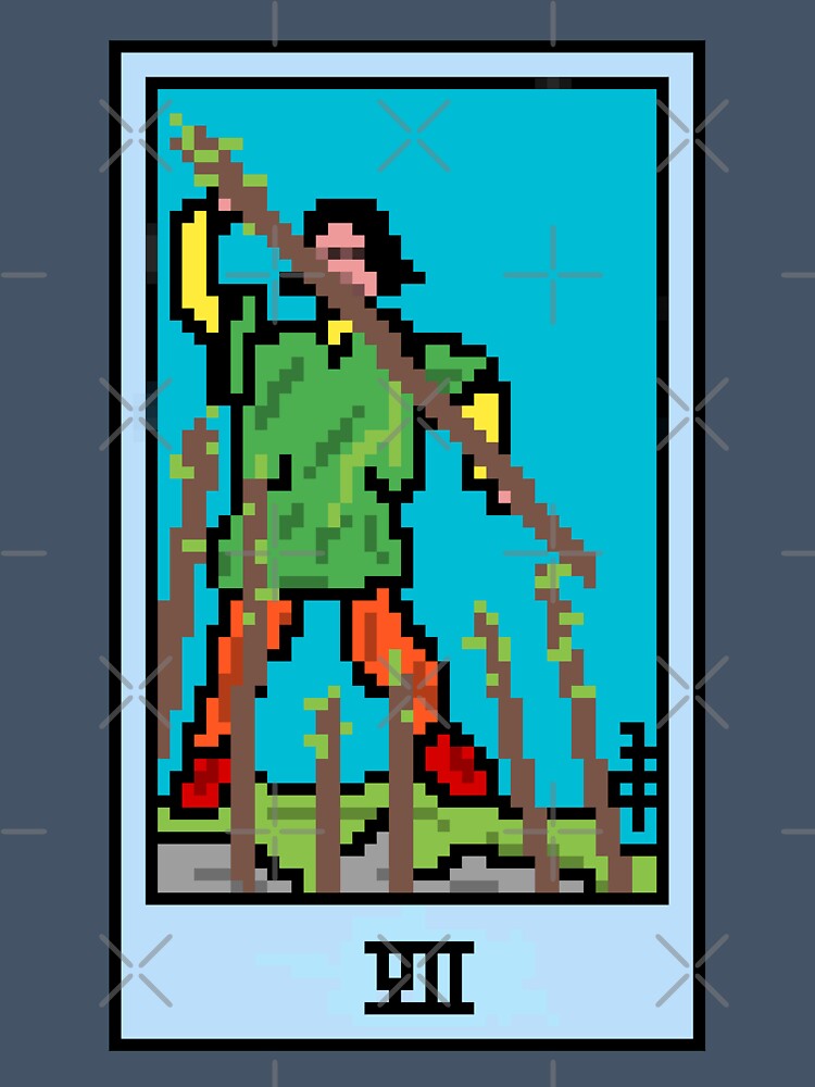 Wait, is this pixel art tarot? Blue - Minor Arcana 'Seven of Wands' (Design for T-shirt, stickers and other accessories) by Pixel Waite