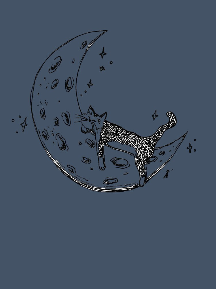 Cat Sleeps on Moon - Whimsical Celestial Line Art Black Marker Hand Drawing Lavender by BOKEbyTC