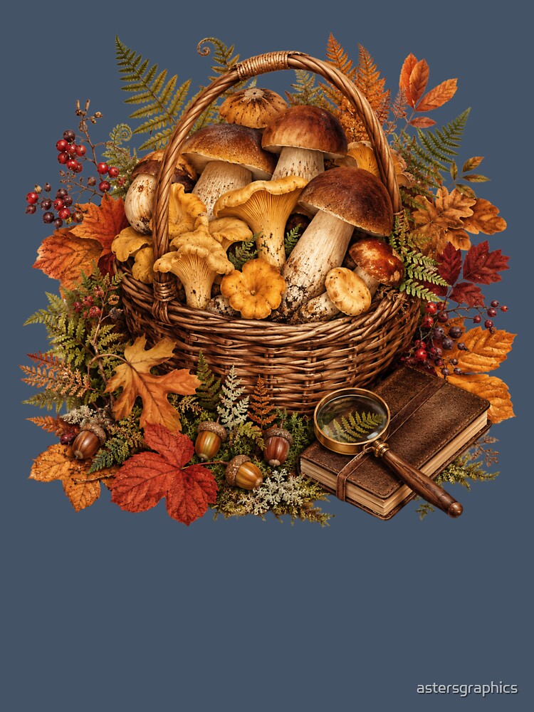 Woodland Harvest – Autumn Mushroom Forager Botanical Art by astersgraphics