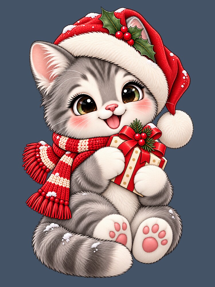 Cute Santa Cat with Christmas Gift – Kawaii Holiday Kitten by HO•Designs