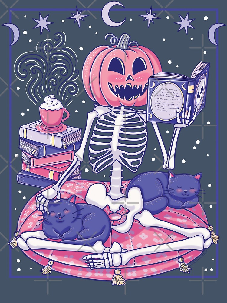 Cute Pumpkin-Head Skeleton Reading With Cats by StudioFloraLuna