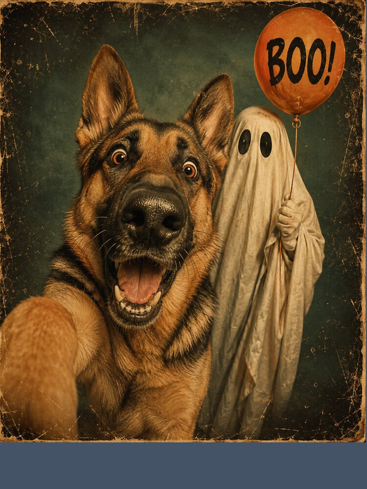 Funny German Shepherd Ghost Halloween Selfie Vintage Dog Halloween Design by ShopVirela