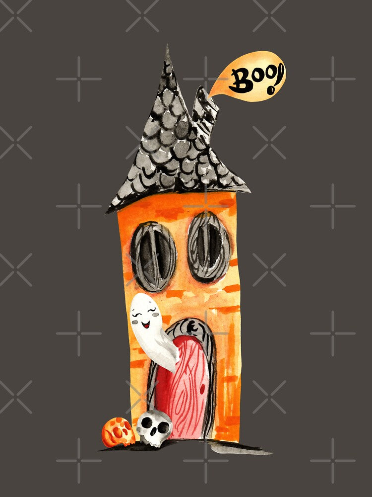 BOO! halloween haunted house and cute ghost by pinkyfish1010