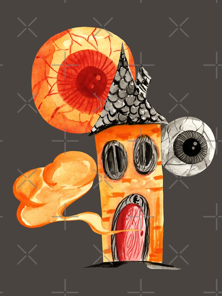 Spooky eye sneaking behind haunted house halloween art by pinkyfish1010