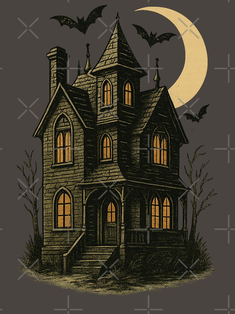 Haunted House Under Crescent Moon Vintage Gothic Bats Night Scene by FreshVibe Prints