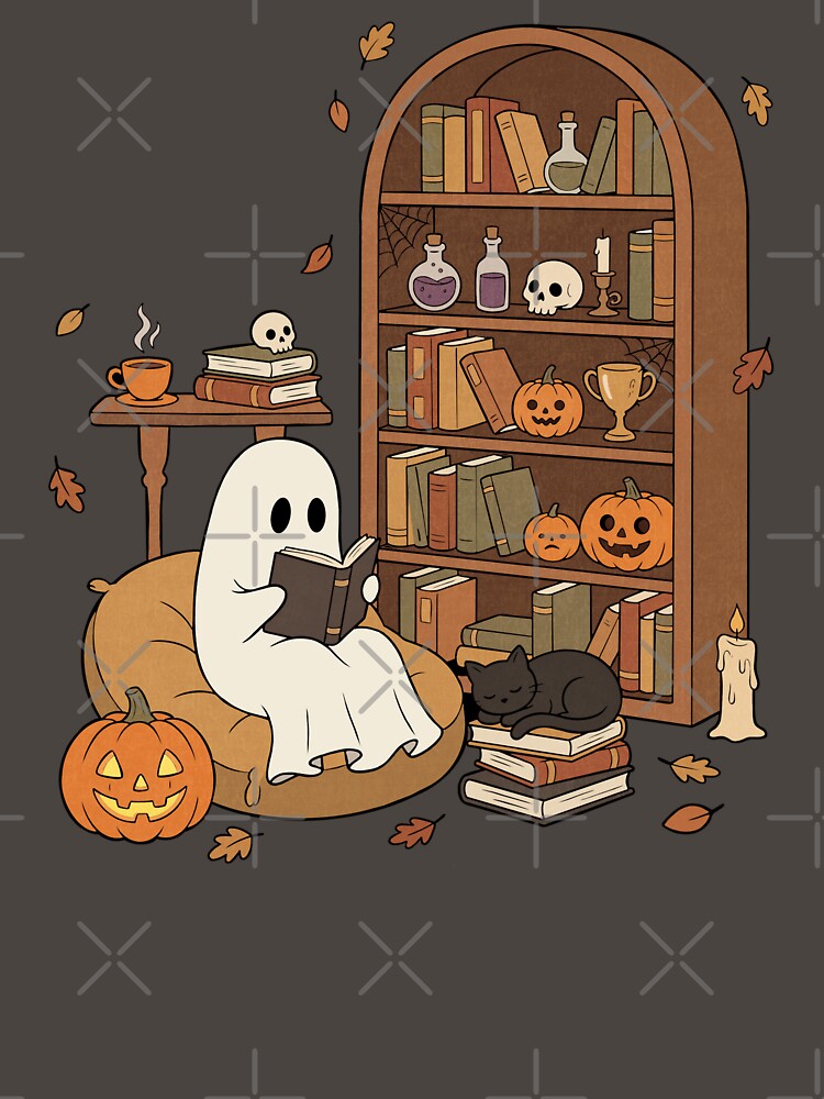 Cozy Ghost Reading in a Haunted Halloween Library by FreshVibe Prints