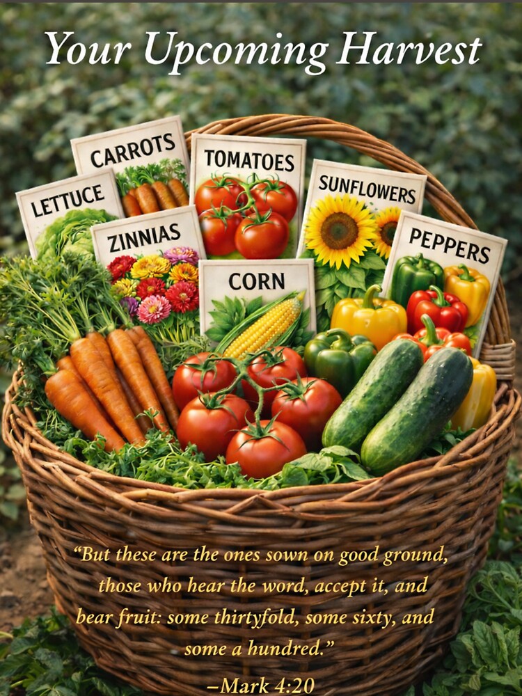 Your Upcoming Harvest, Mark 4:20, Faith Based Gardening Basket and Seeds by Prayful