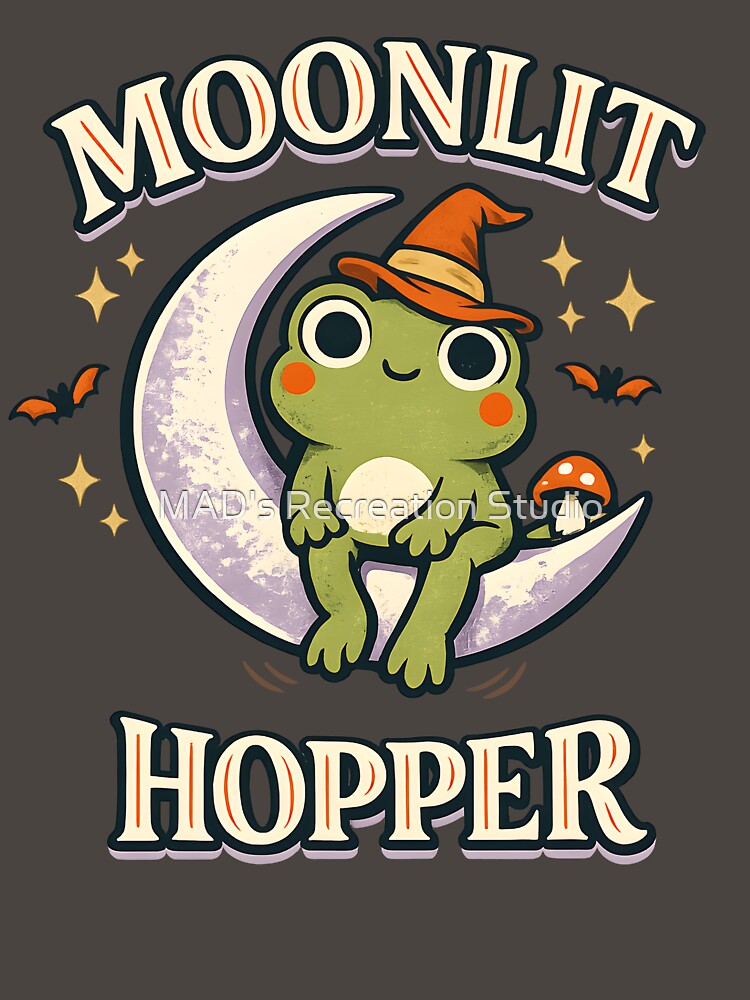 Moonlit Hopper Retro Celestial Frog With Mushroom And Bats by  MAD's Recreation Studio