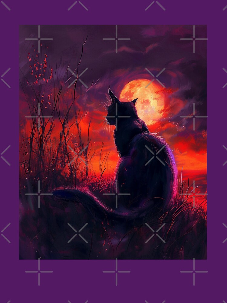 Black Cat Full Moon in Red Orange Purple by InspiredbyOllie