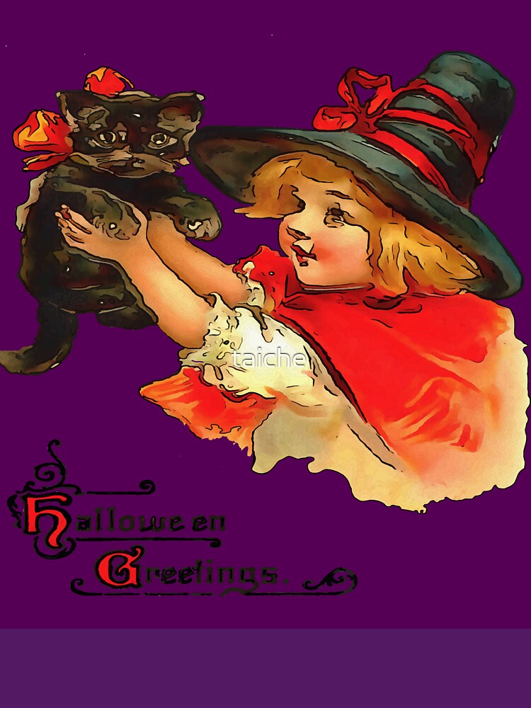 Girl With Black Cat Vintage Halloween Greetings On Purple by taiche