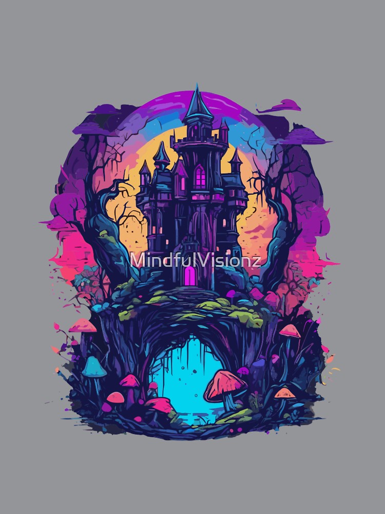 Eerie Fantasy Castle in a Magical Landscape Surrounded by Mushroom Forest Art - Spooky Artwork and Fantasy Art Image by MindfulVisionz