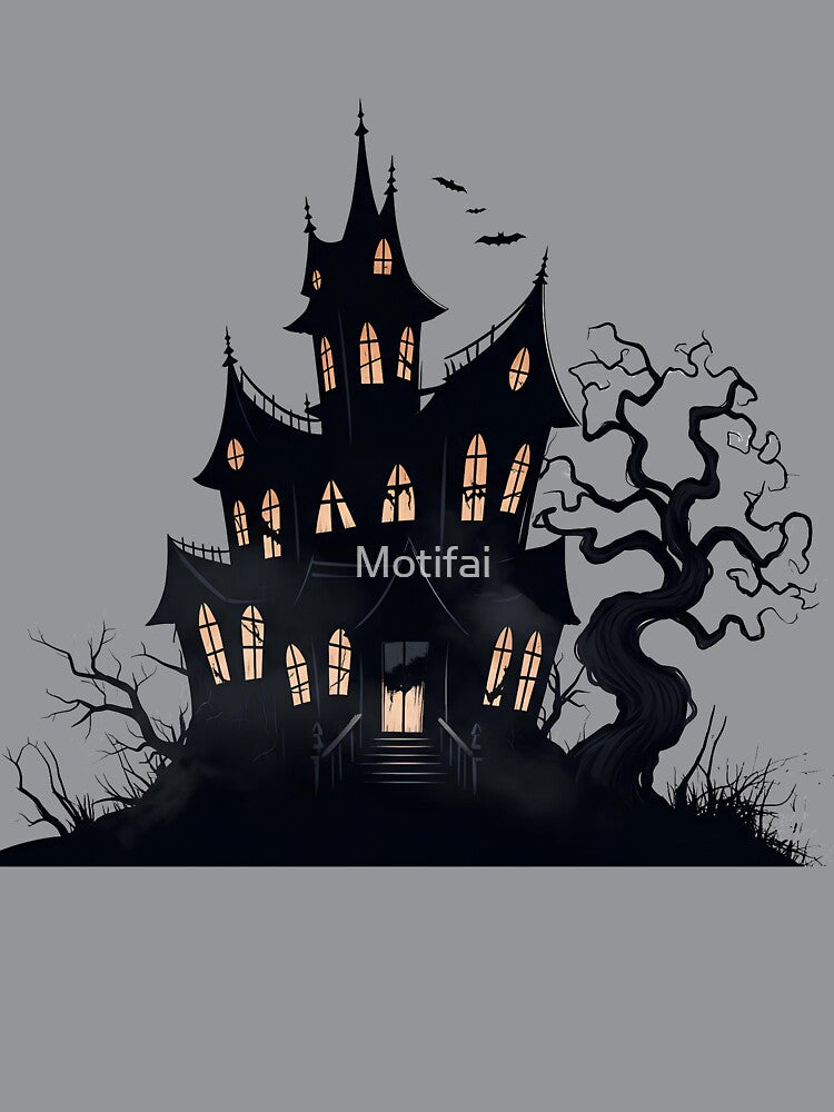Spooky Haunted House Halloween Design – Gothic Horror Mansion with Bats and Tree | Perfect for Stickers, T-Shirts, Posters & Gifts by Motifai