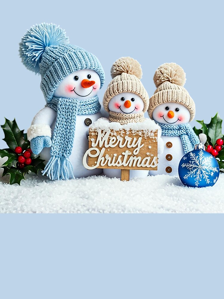 Adorable Snowman Family Christmas Illustration with Blue & Beige Winter Outfits | Festive Holiday Scene Art by PixelVibe782