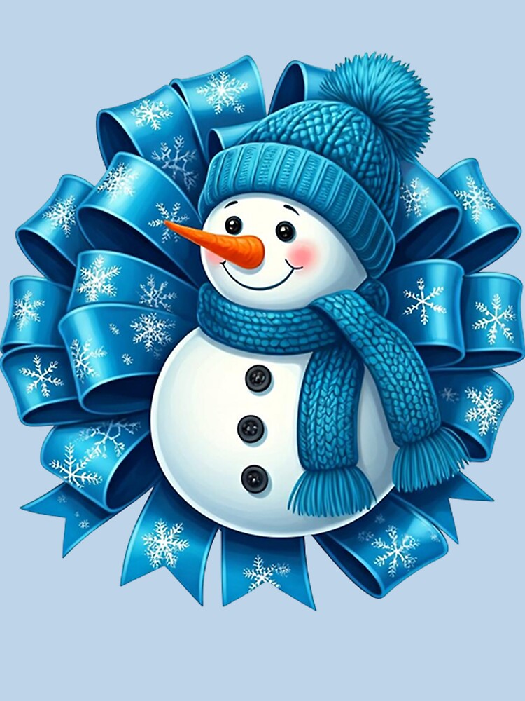 Cheerful Blue Snowman Illustration with Decorative Snowflake Bow | Festive Winter Holiday Art by PixelVibe782