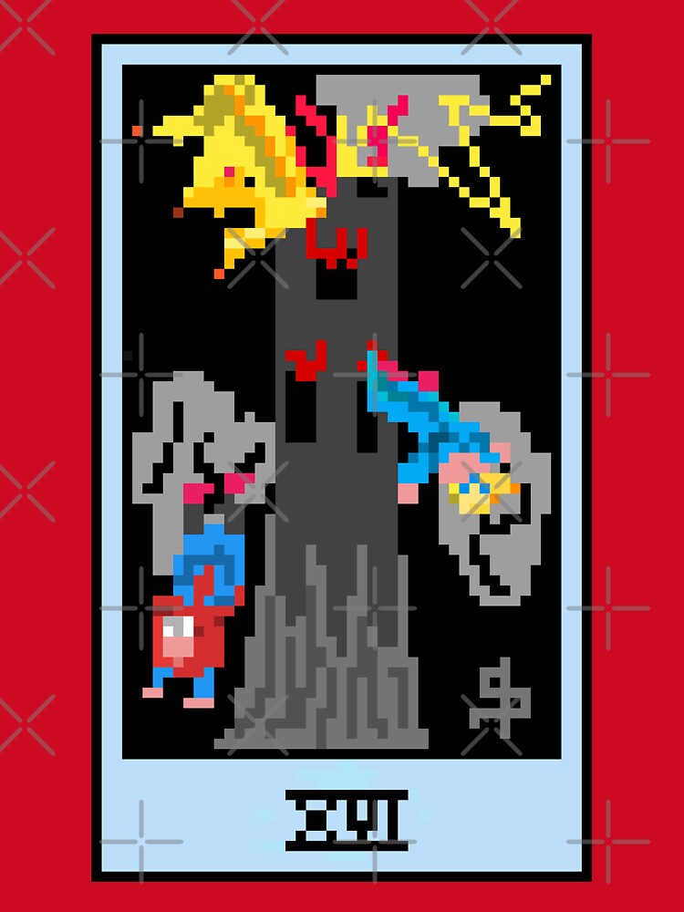 Wait, is this pixel art tarot? Pink - Major Arcana 'The Tower' (Design for T-shirt, stickers and other accessories) by Pixel Waite