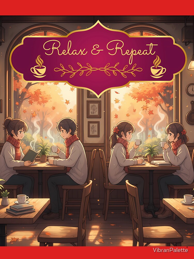 Relax & Repeat Autumn Cafe Anime Friends T-Shirt by VibranPalette