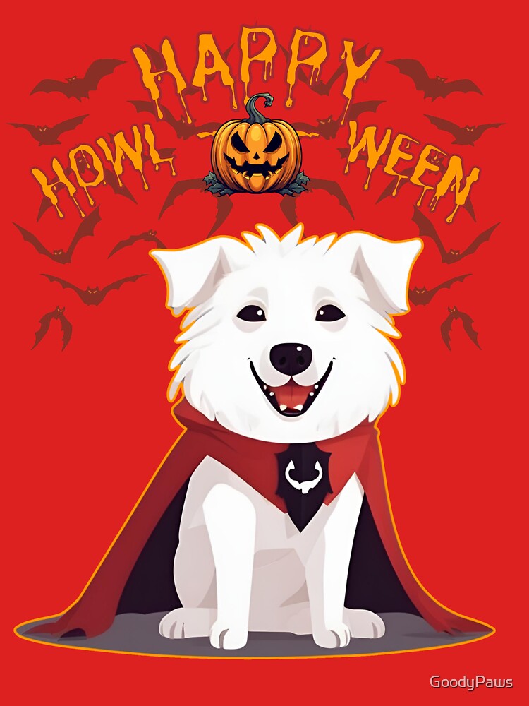 White Dog in Vampire Cape - "Happy Howloween" - Halloween Design for Products by GoodyPaws
