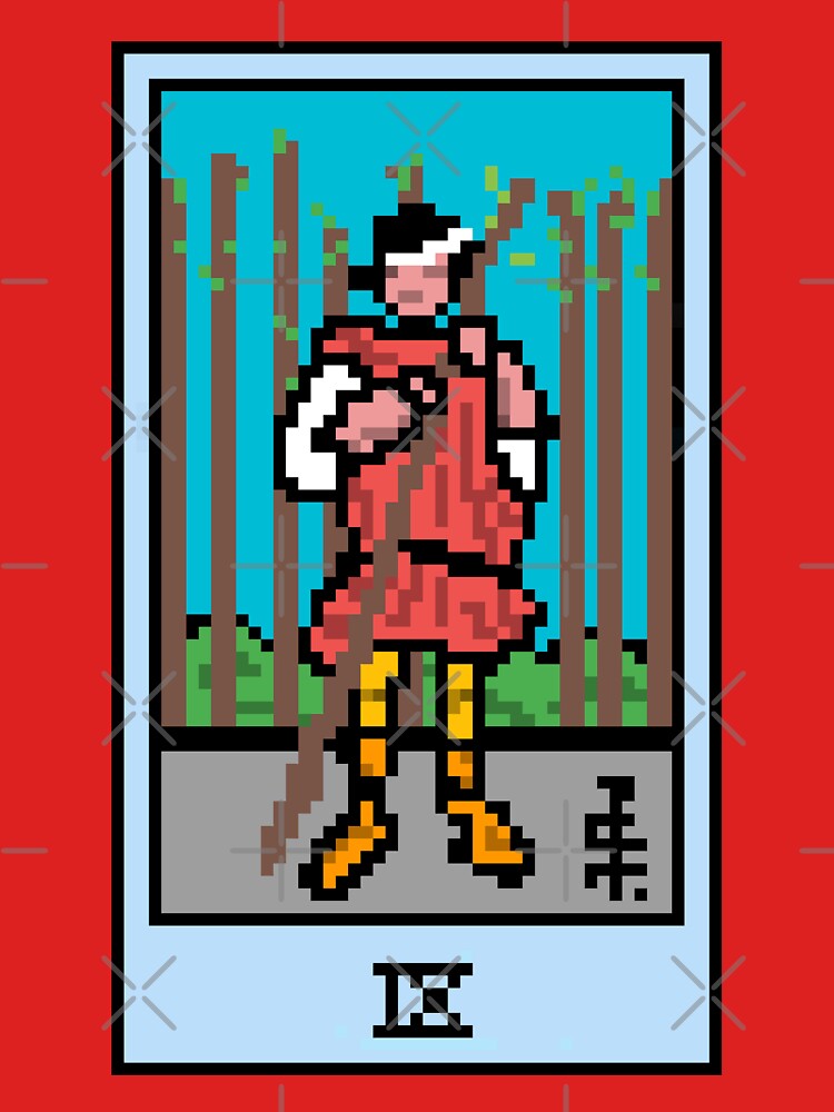 Wait, is this pixel art tarot? Pink - Minor Arcana 'Nine of Wands' (Design for T-shirt, stickers and other accessories) by Pixel Waite