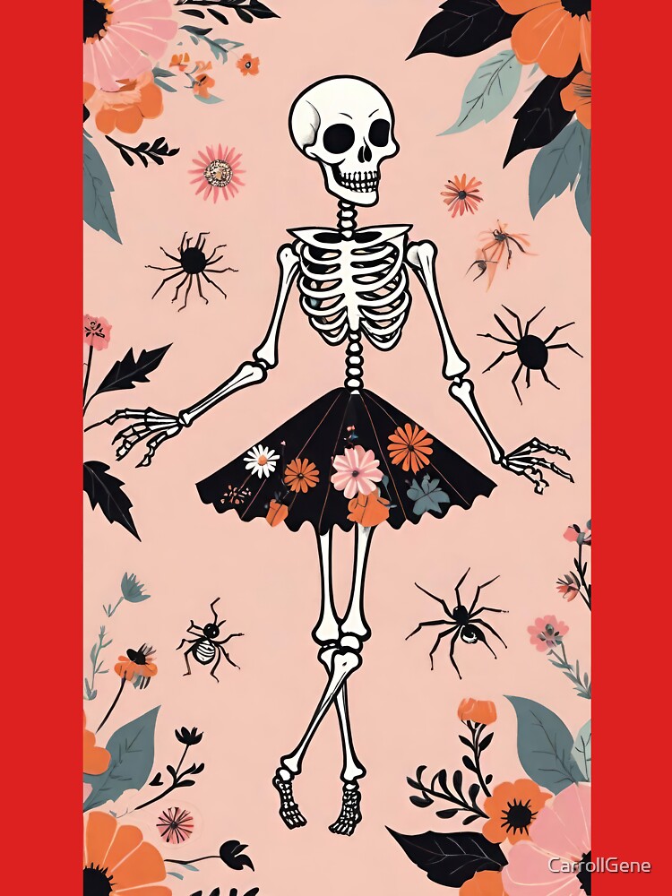 Playful Halloween Skeleton With Flowers And Spiders on a soft peach background by CarrollGene