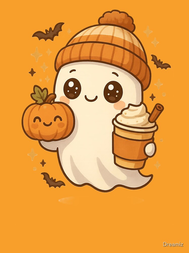 Cute Ghost with Pumpkin Spice Latte Autumn Art by Dreamiz