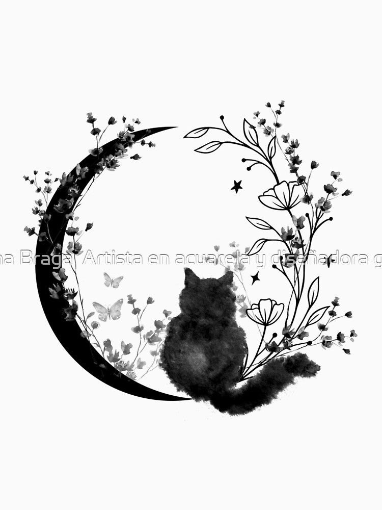 Black cat resting on a floral waning moon. by Marina Braga  Artista en acuarela y diseñadora gráfica