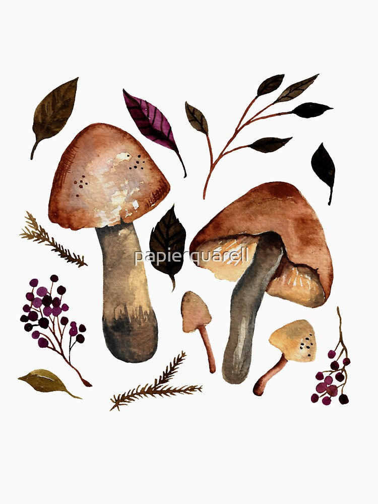 Forest Mushrooms and Autumn Leaves by papierquarell