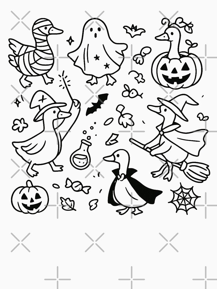 Whimsical Halloween Goose Illustration | Cute Spooky Geese in Costumes | Funny Fall Line Art Design T-shirt , mugs , pillow,  hats by 5CatDesign