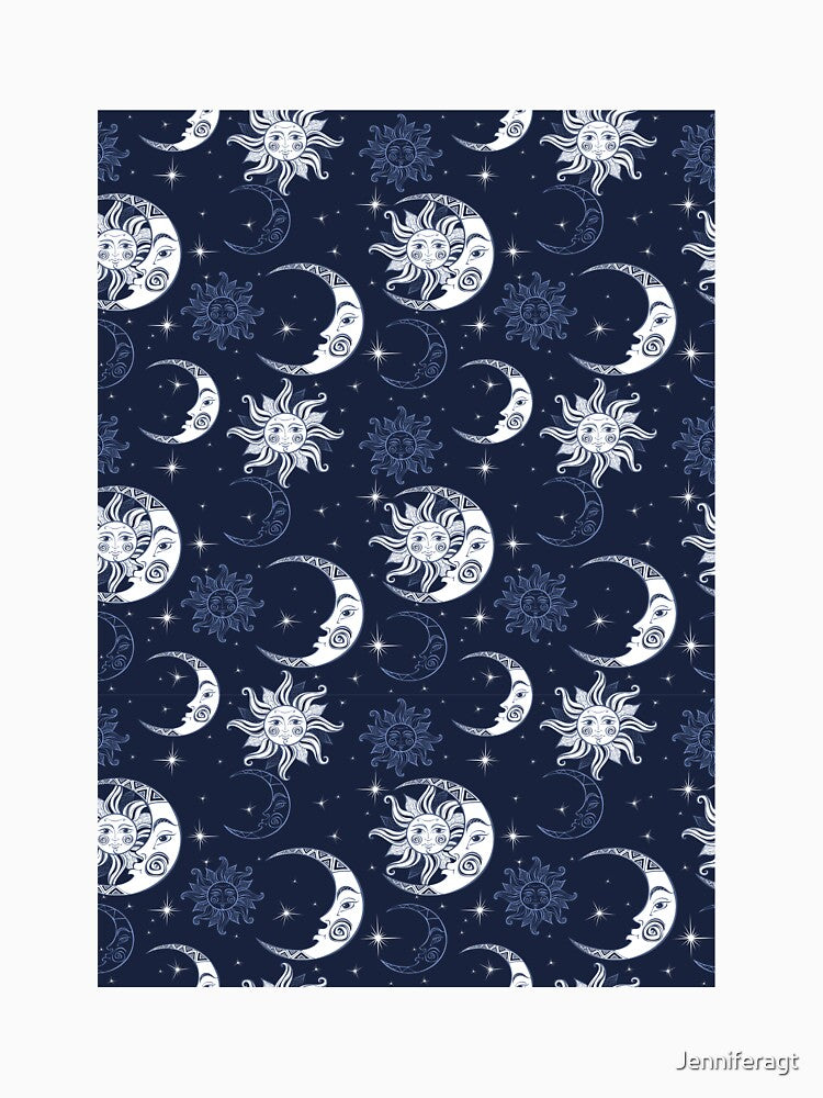 Blue and white sun and moon - celestial pattern by Jenniferagt