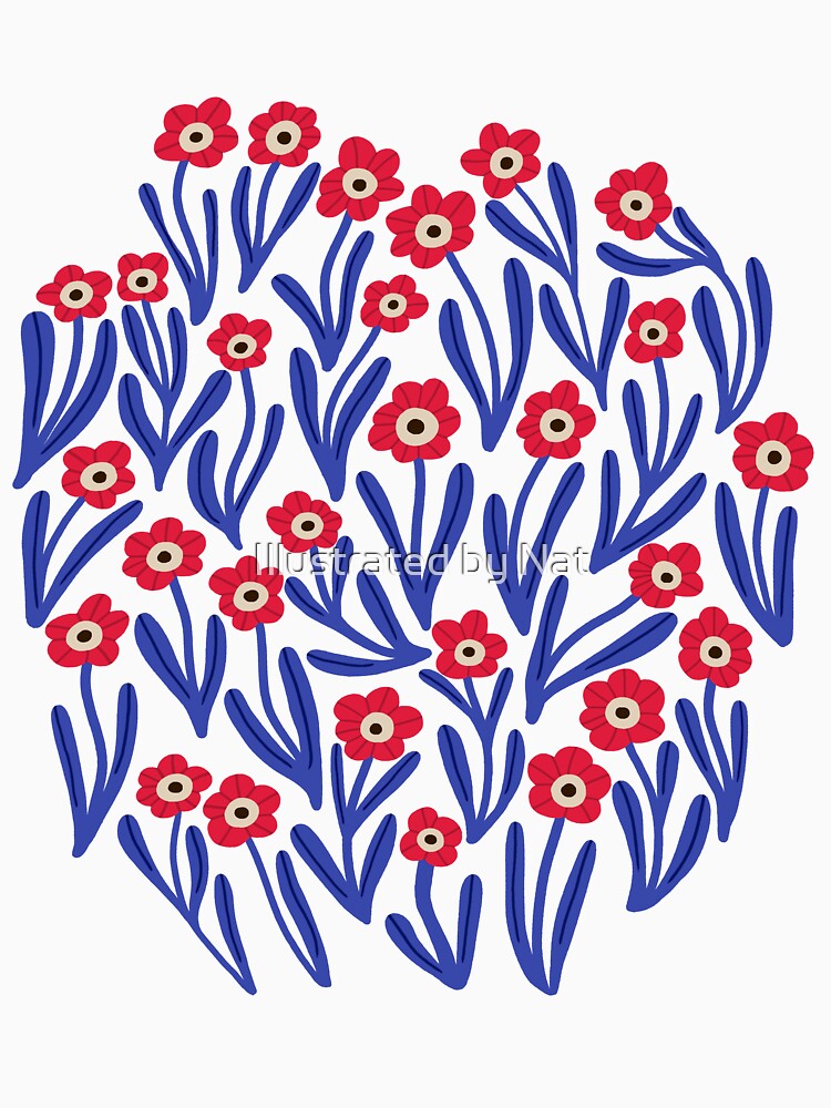 Cute minimalist ditsy flowers in pink, red and blue by Illustrated by Nat